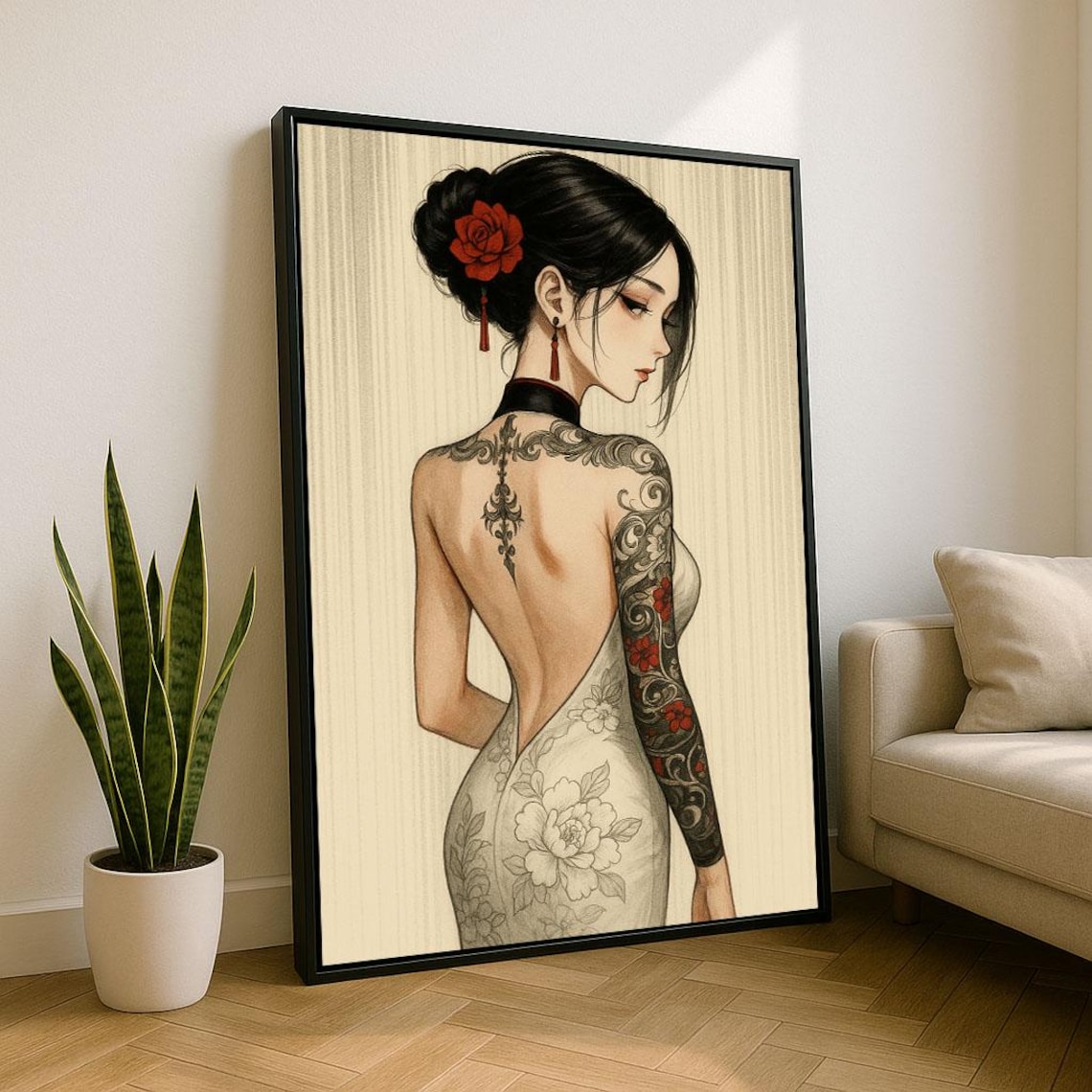 Tattooed Asian Woman in Backless Dress with Red Rose Bloom Poster