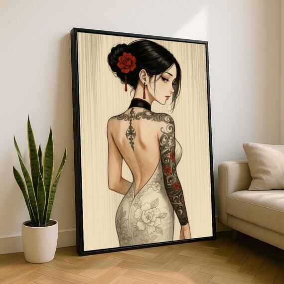 Elegant Tattooed Woman Canvas Wall Art Print Modern Bedroom Decor Statement Piece