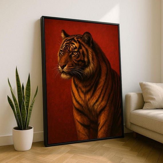 Majestic Tiger Portrait Canvas Wall Art Print Bold Red Living Room Decor Statement Piece