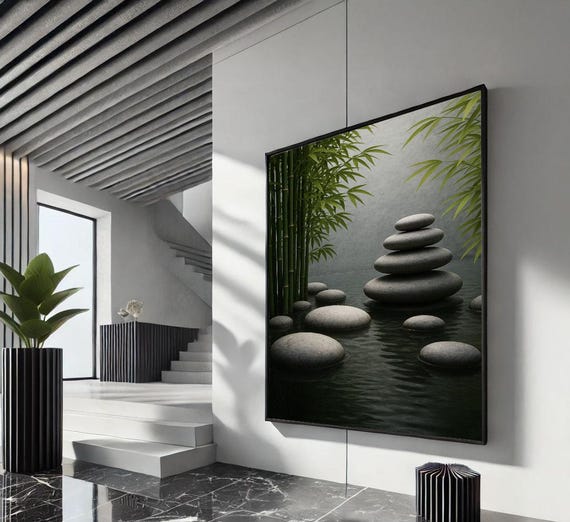 Tranquil Zen Stones And Bamboo Canvas Wall Art Print Minimalist Spa Or Living Room Decor Ready To Hang