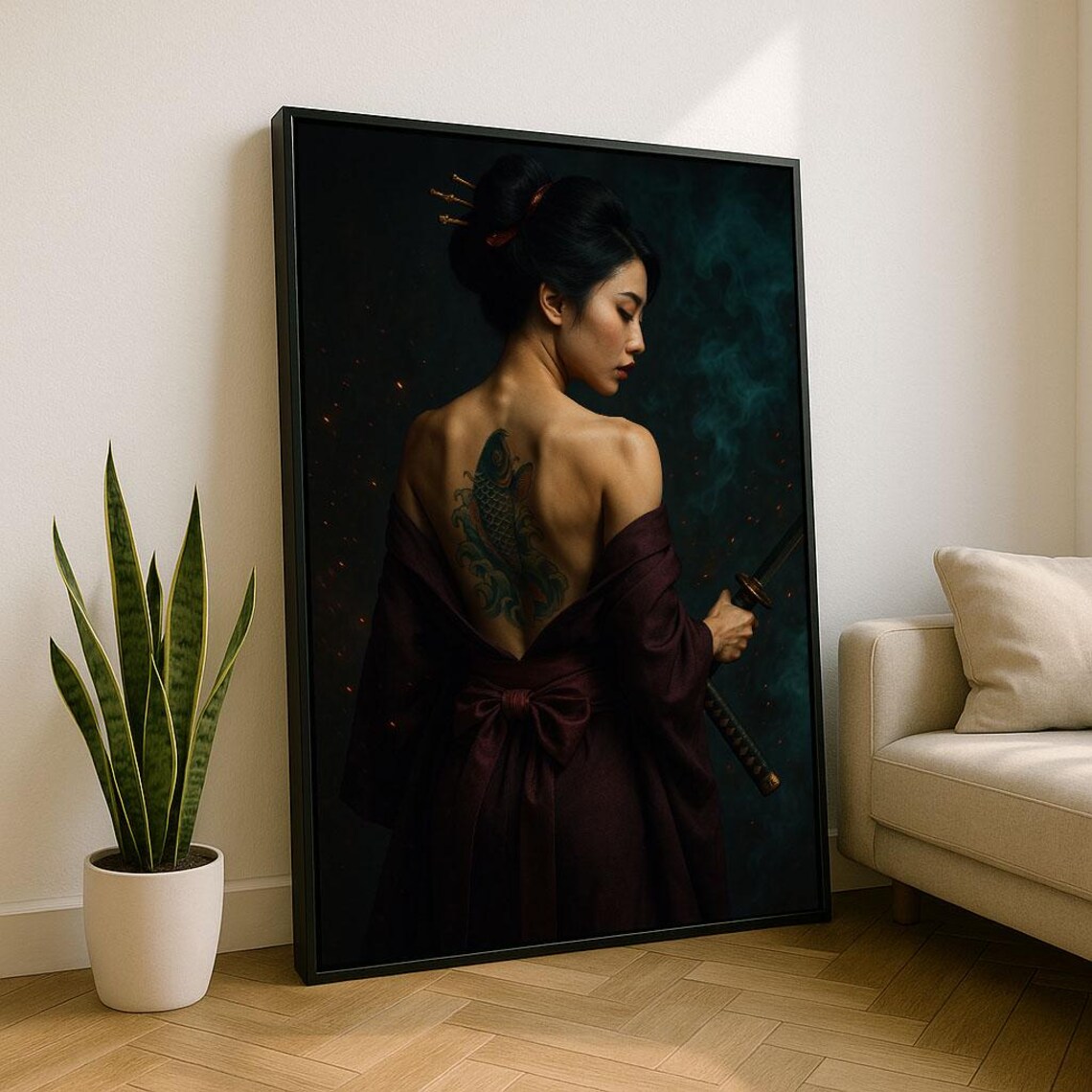 Tattooed Japanese Woman With Koi Back Tattoo Holding Katana Poster