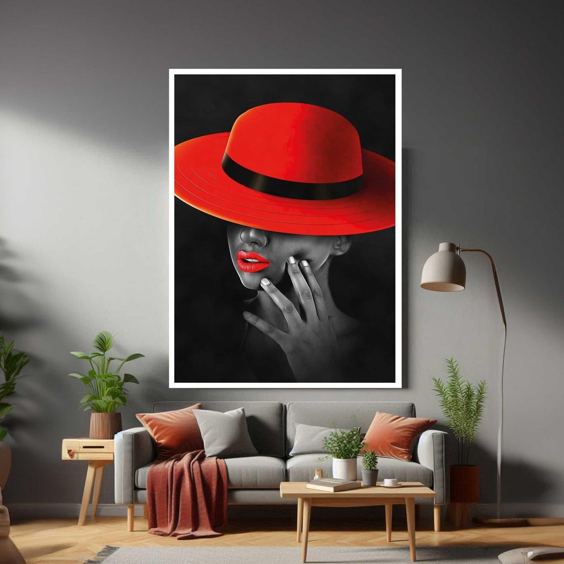 Woman Red Hat Red Lips Hidden Eyes Black White Dramatic Art Poster