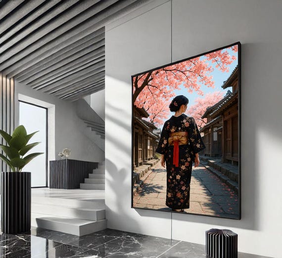 Elegant Japanese Woman In Kimono Canvas Wall Art Print Cherry Blossom Living Room Decor Statement Piece