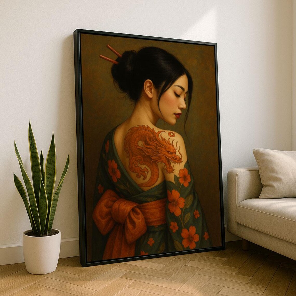 Japanese Woman Red Dragon Tattoo Floral Kimono Warm Portrait Poster