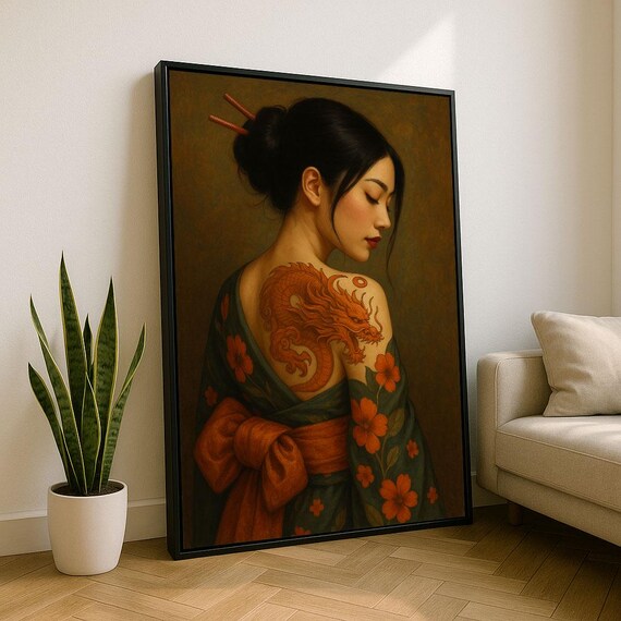 Japanese Geisha With Dragon Tattoo Canvas Wall Art Print Traditional And Elegant Living Room Decor Statement Piece