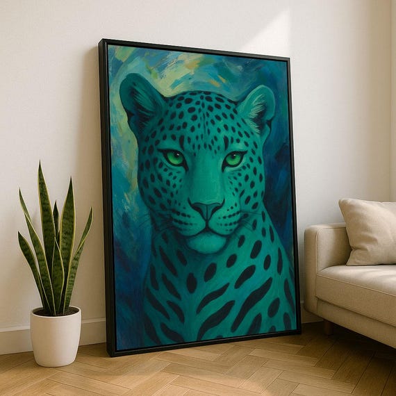 Vibrant Teal Leopard Portrait Canvas Wall Art Print Abstract Living Room Decor Statement Piece
