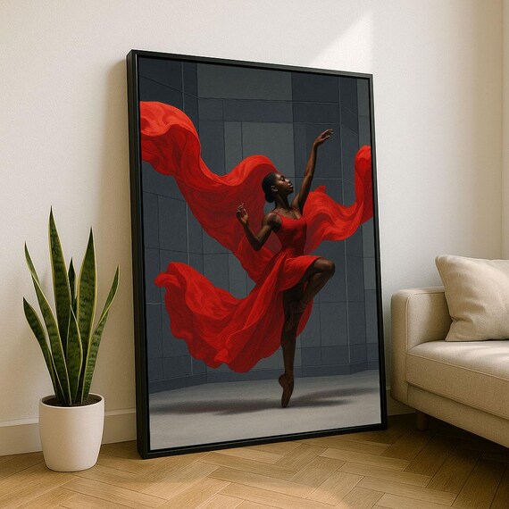 Elegant African Woman Dancing Canvas Wall Art Print Red Living Room Decor Statement Piece