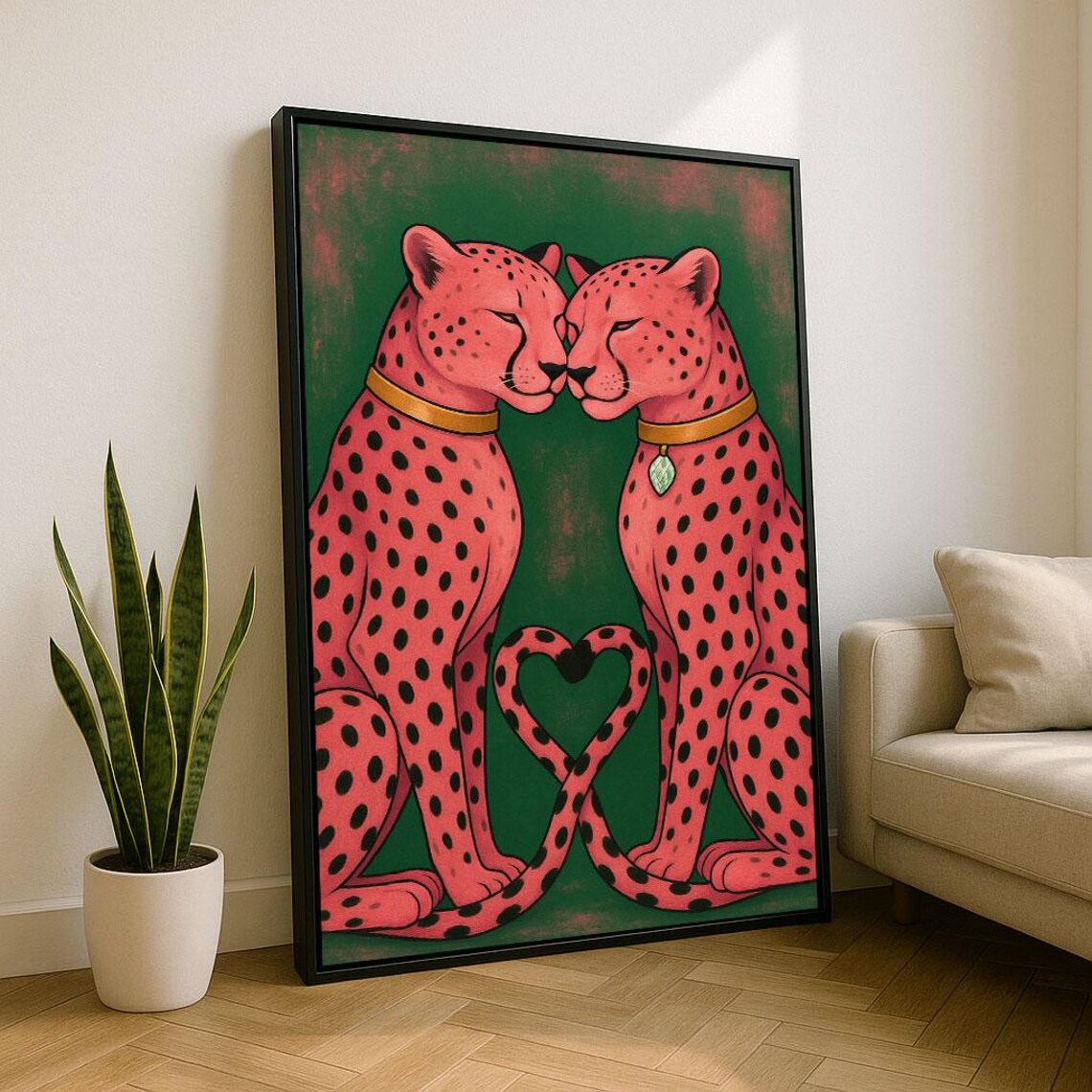 Romantic Pink Cheetah Pair Heart Tails Love Whimsical Art Poster
