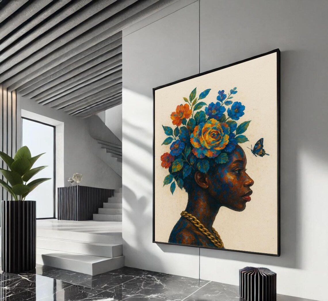 Vibrant African Woman Profile Floral Headpiece Butterfly Poster