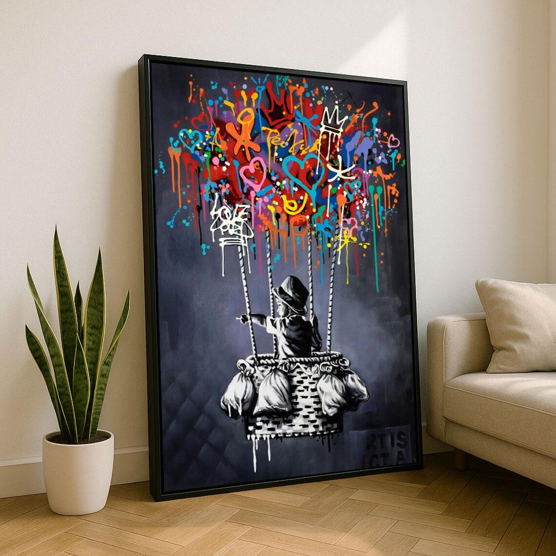 Colorful Graffiti Heart Balloon Child In Basket Street Art Poster