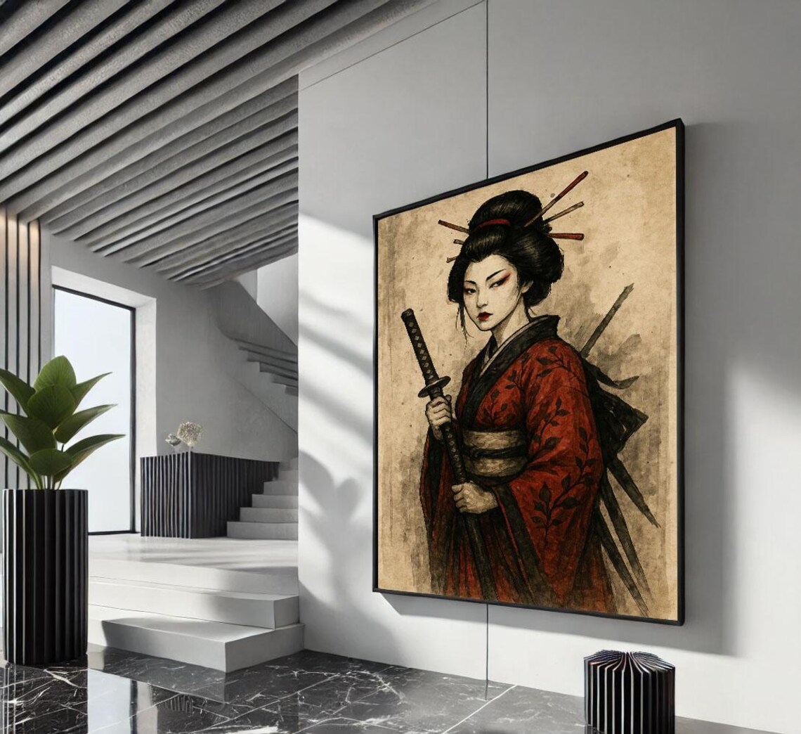 Japanese Samurai Woman In Red Kimono With Katana Sword Poster