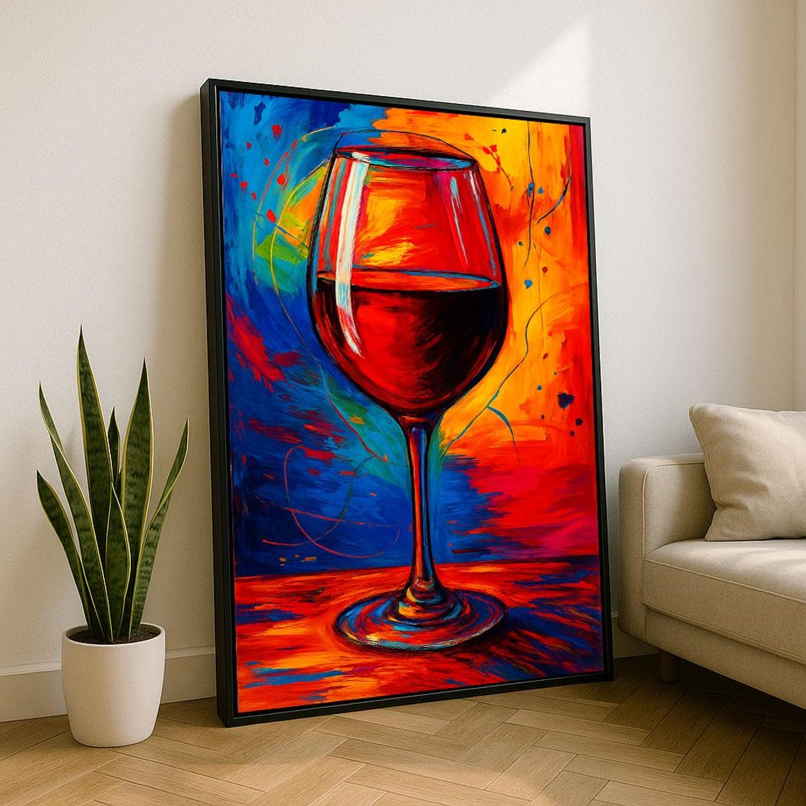 Abstract Red Wine Glass On Fiery Blue And Orange Background Poster