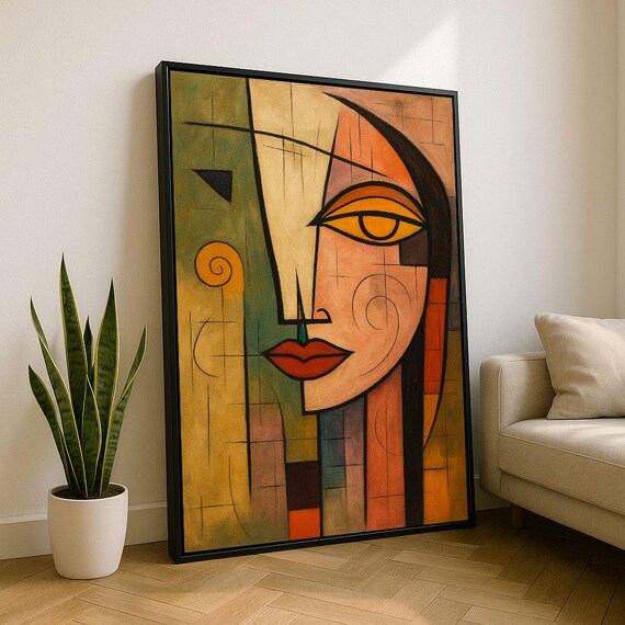 Cubist Abstract Woman Portrait in Earthy Orange Green Geometric Style Poster