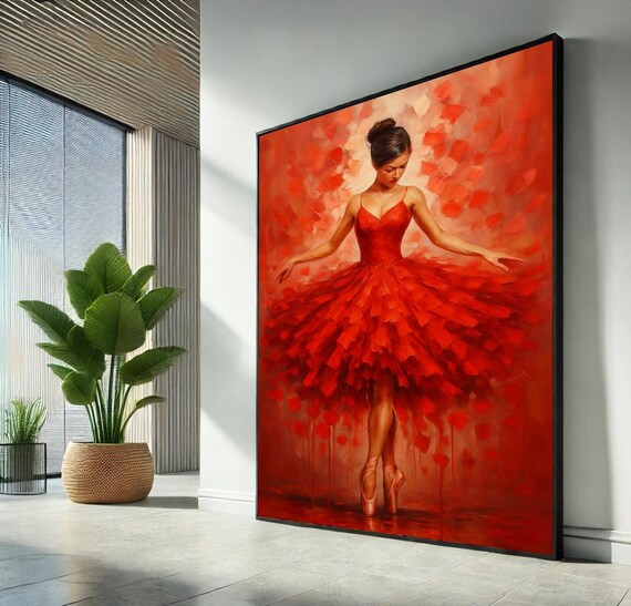 Red Ballerina Dancer Art Elegant Ballet Canvas Wall Print Graceful Female Silhouette Modern Expressionist Decor Ready To Hang