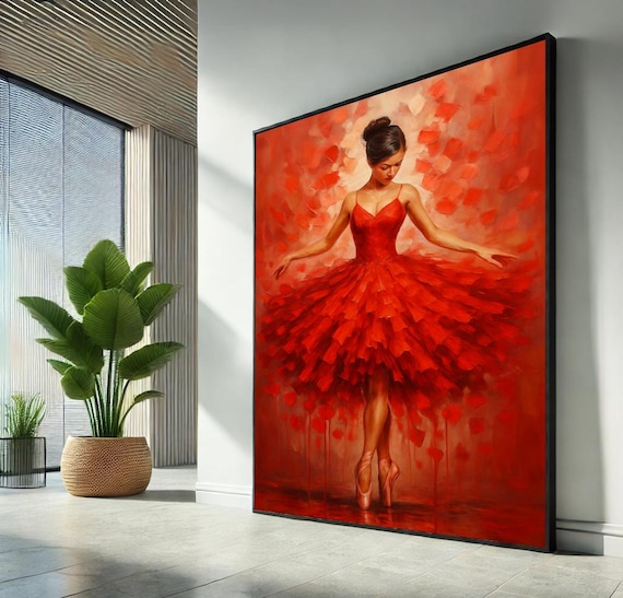 Red Ballerina in Petal Tutu Passionate Dance Painting Art Poster