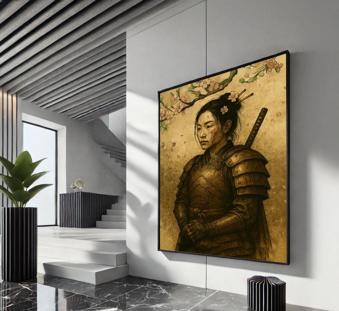 Powerful Samurai Woman Canvas Wall Art Print Gold Living Room Decor Statement Piece
