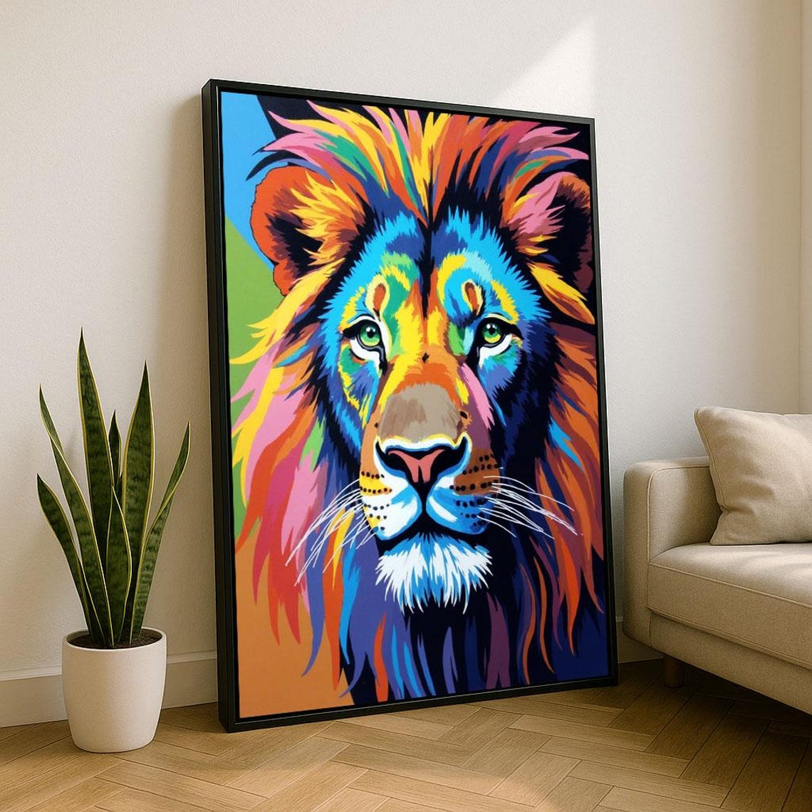 Vibrant Lion Portrait Canvas Wall Art Print Colorful Living Room Decor Statement Piece