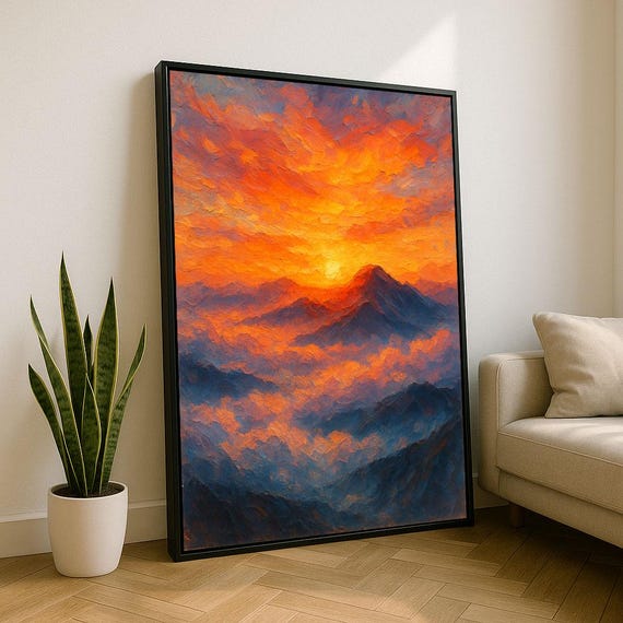 Fiery Mountain Sunset Canvas Wall Art Print Vibrant Living Room Decor Statement Piece
