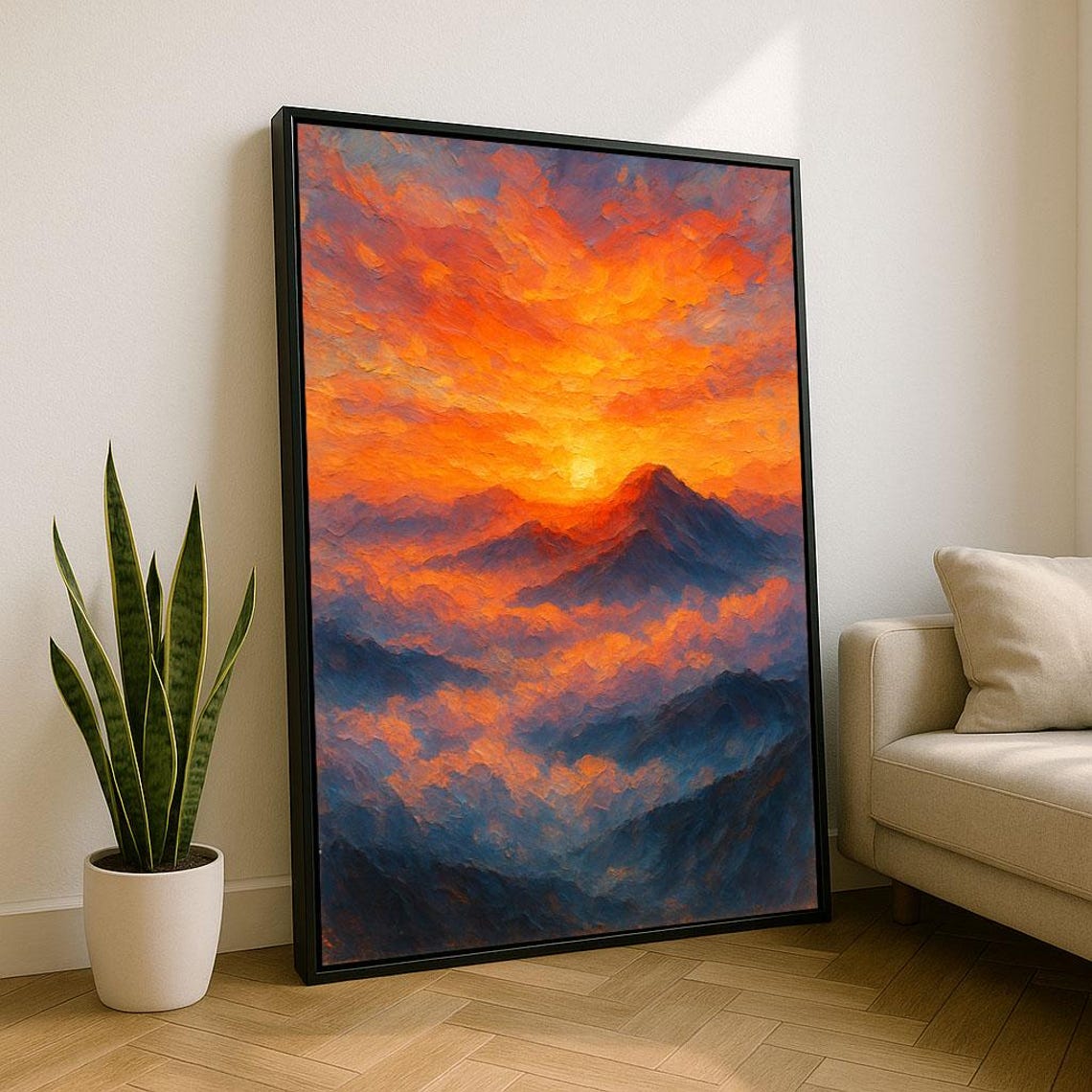 Fiery Mountain Sunset Impasto Orange Clouds Dramatic View Print