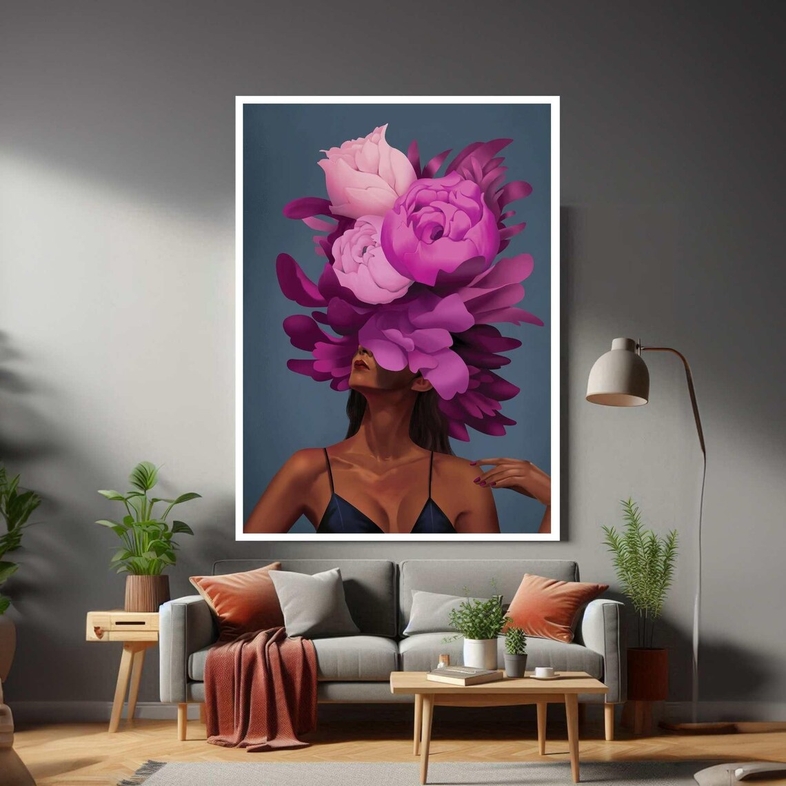 Purple Peony Blossom Woman Portrait Floral Fashion Art Poster