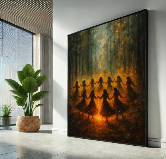 Women Dancing in Golden Forest Circle Mystical Moonlit Sisterhood Art Poster
