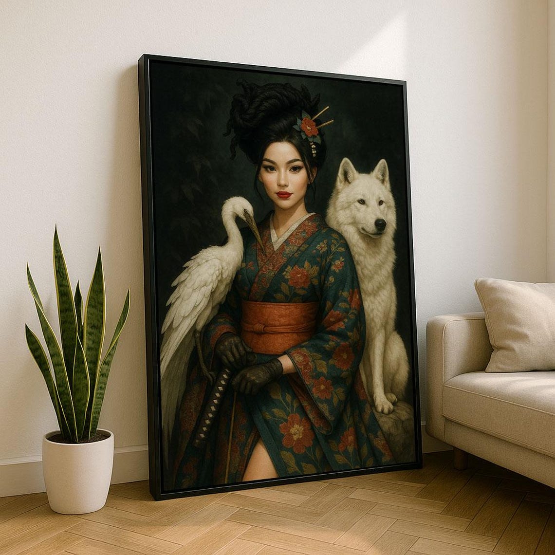 Japanese Geisha With White Crane And Wolf In Dark Kimono Poster