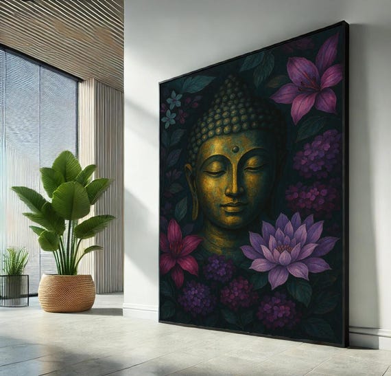 Golden Buddha Face Flowers Mystical Zen Canvas Wall Art Spiritual Home Decor Meditation Room Poster Tranquil Boho Ready To Hang
