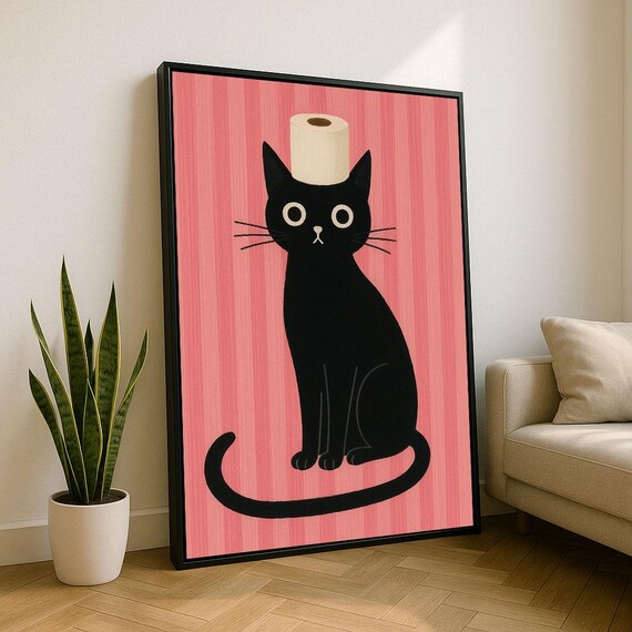 Minimalist Black Cat with Toilet Roll Striped Pink Art Poster