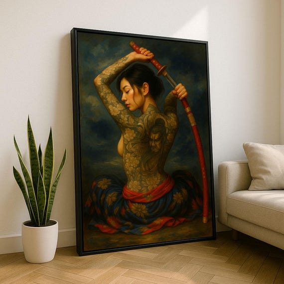 Bold Japanese Tattooed Woman Canvas Wall Art Print Dramatic Living Room Decor Statement Piece