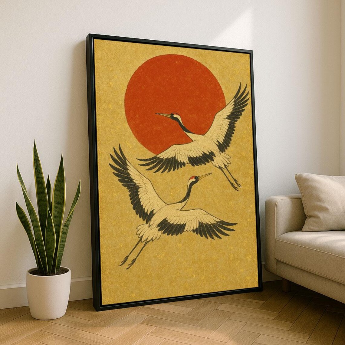 Two Golden Cranes Flying Before Red Sun Classic Japanese Art Poster