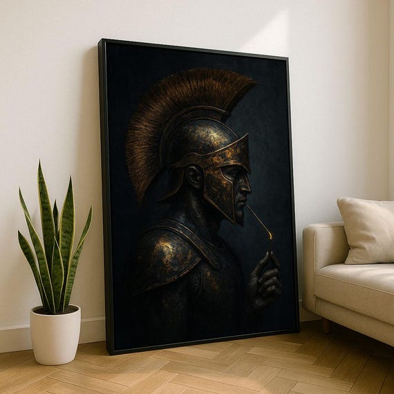 Bold Spartan Warrior Canvas Wall Art Print Dark Tone Living Room Decor Statement Piece