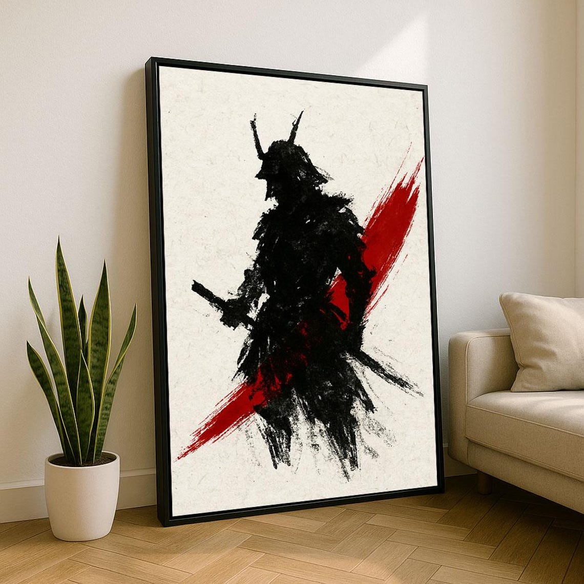 Bold Samurai Warrior Silhouette Red Brushstroke Ink Abstract Poster