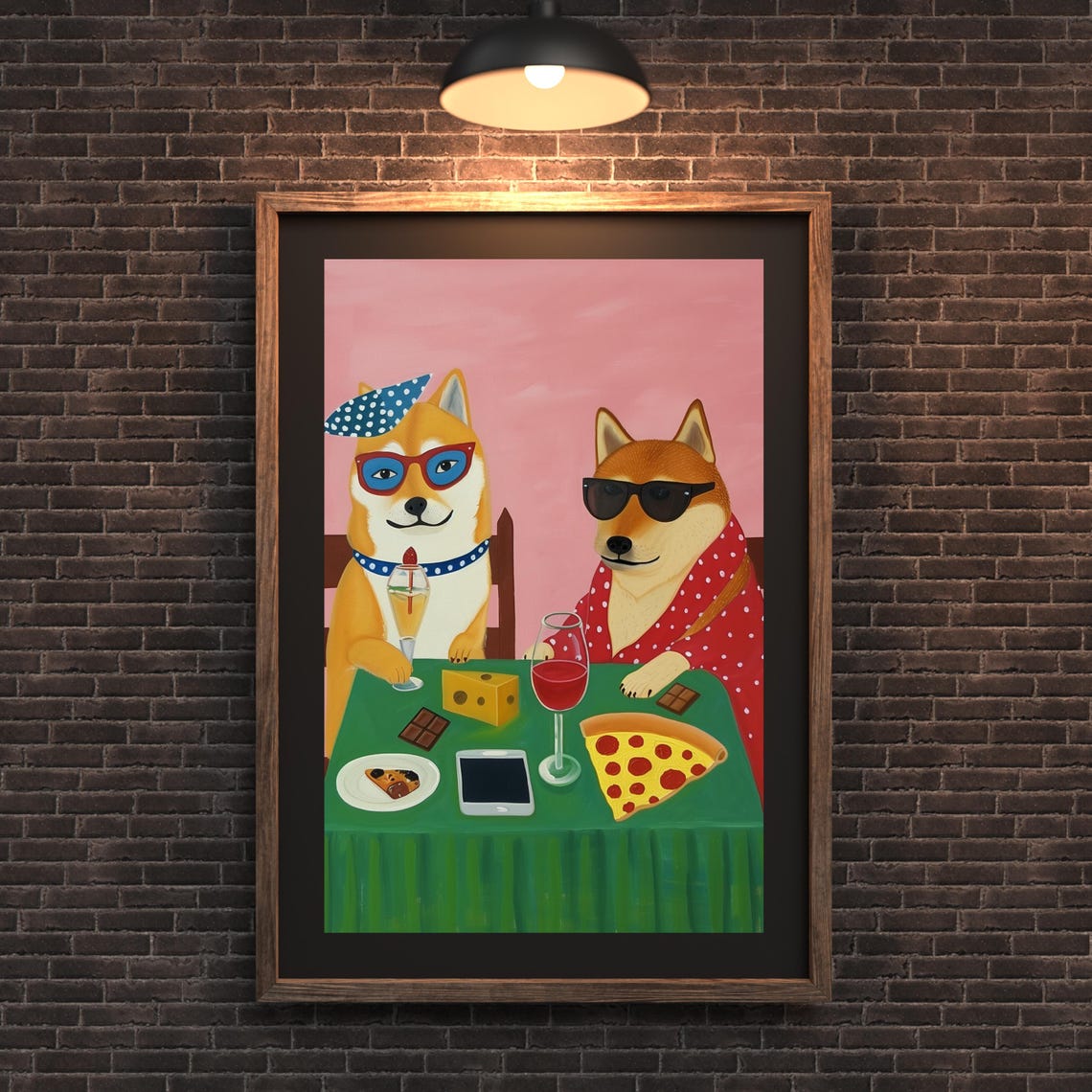 Shiba Inu Dogs Pizza Wine Dinner Party Pop Art Funny Animal Poster