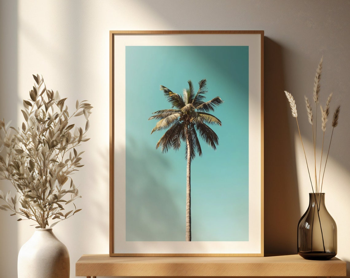 Tall Palm Tree Against Turquoise Sky Tropical Photography Poster