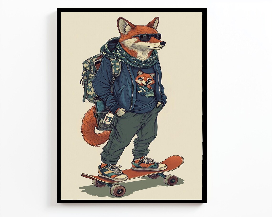 Skater Fox Hipster Cartoon Sunglasses Hoodie Cool Trendy Wall Art Poster - Image 2