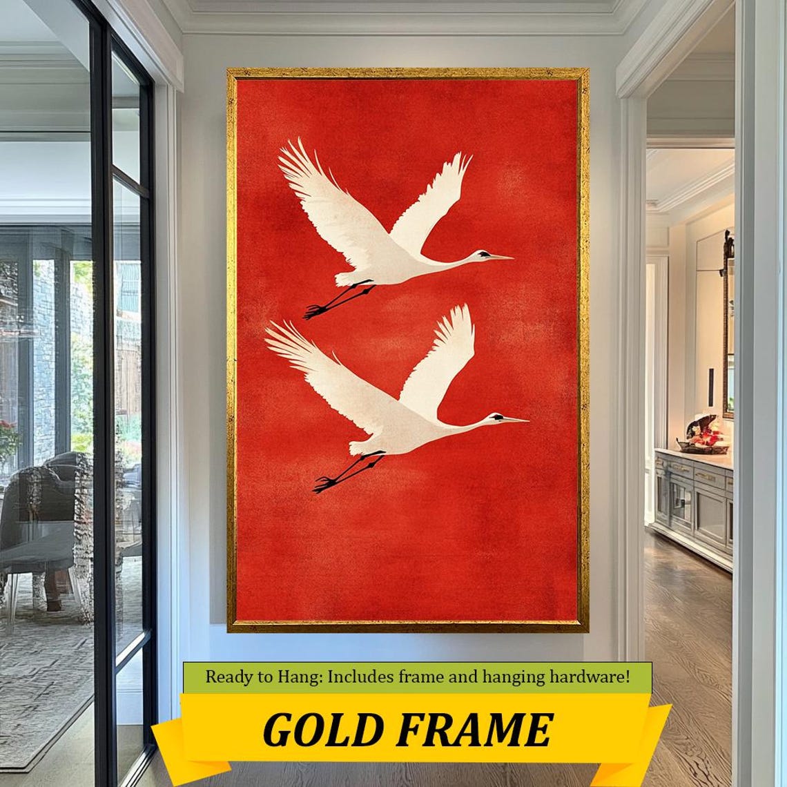 Japanese White Cranes Soaring Bright Red Sky Bold Minimalist Wall Art - Image 3