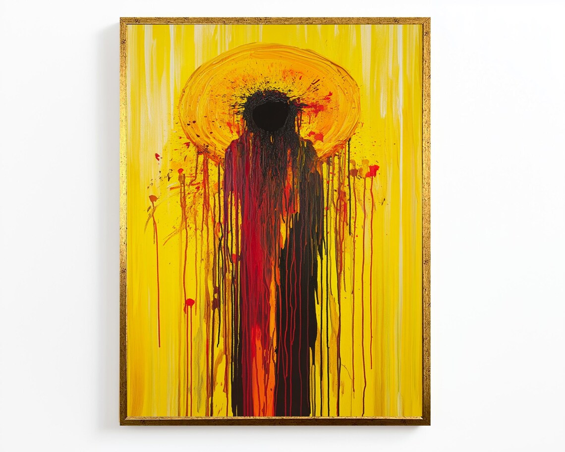 Abstract Jesus Gold Halo Yellow Drip Painting Modern Spiritual Christian Poster - Image 2