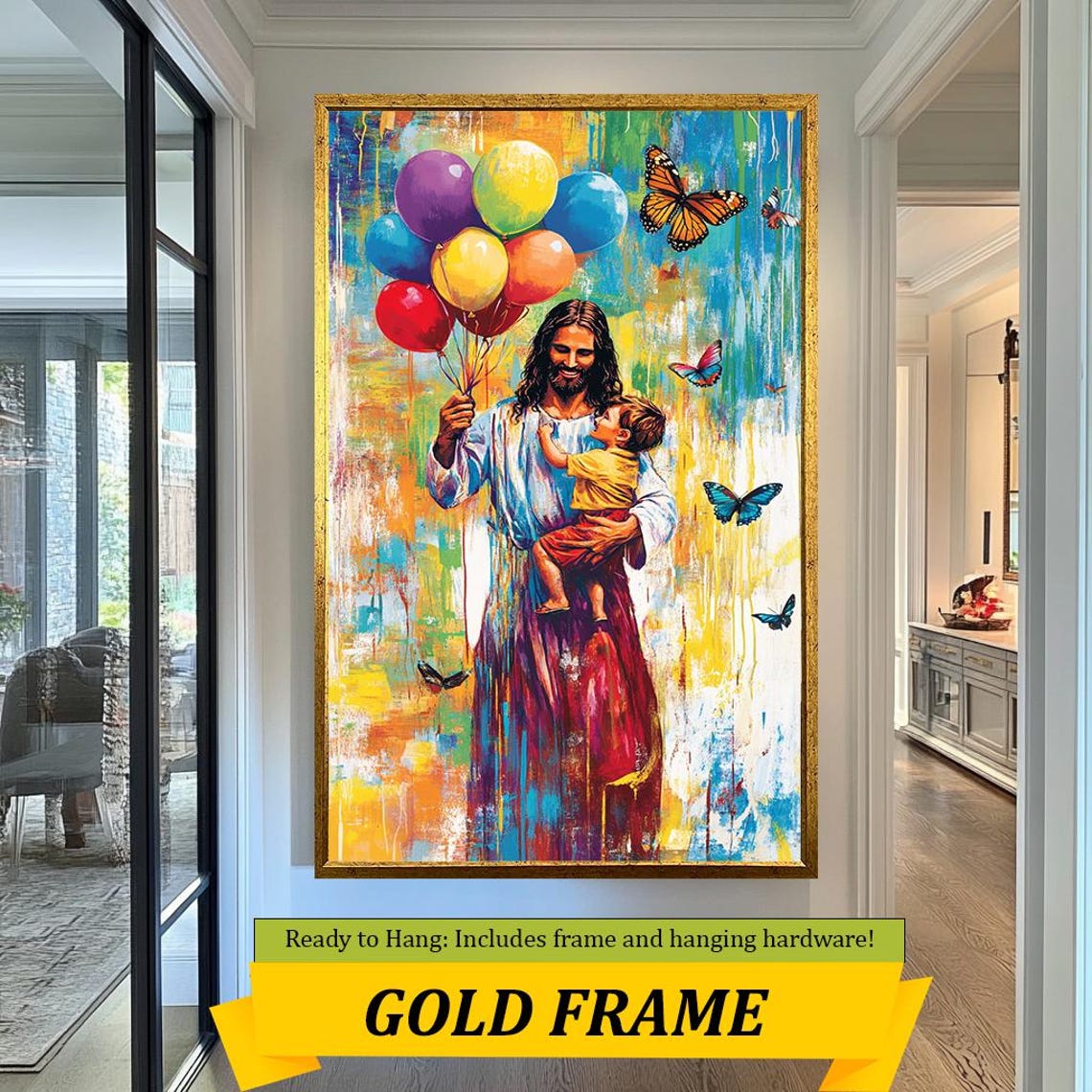 Jesus Embracing Child Rainbow Balloon Bouquet Butterfly Wall Art - Image 3