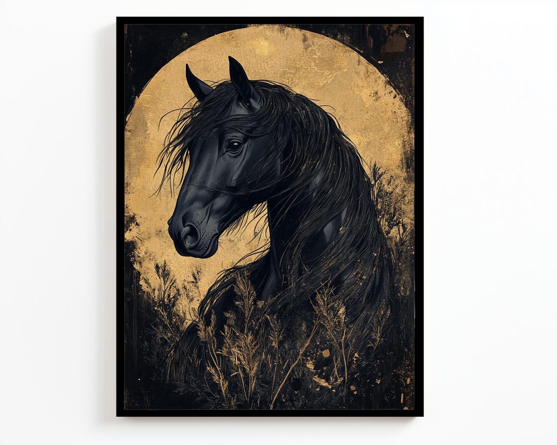 Majestic Black Horse Gold Moon Silhouette Elegant Equine Wall Art - Image 2