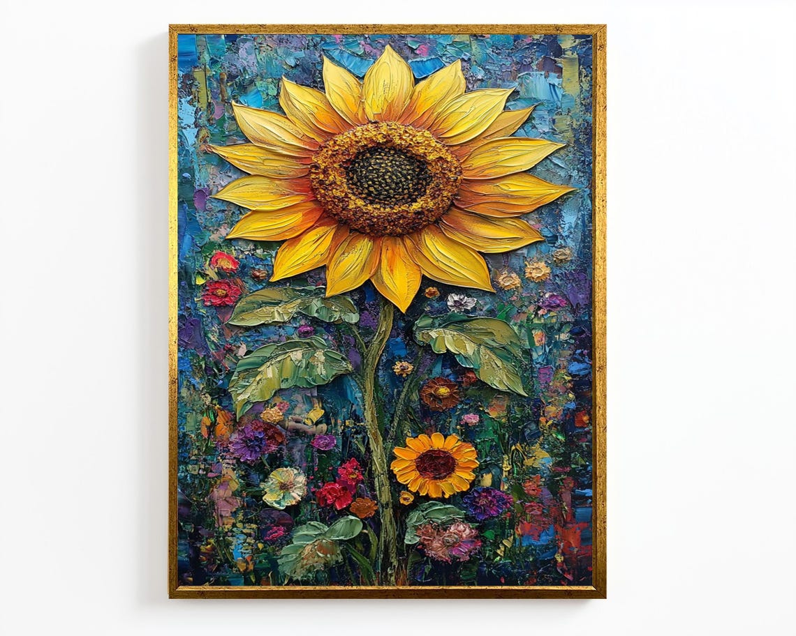 Giant Sunflower Impasto Oil Painting Teal Wildflower Garden Wall Art - Image 2