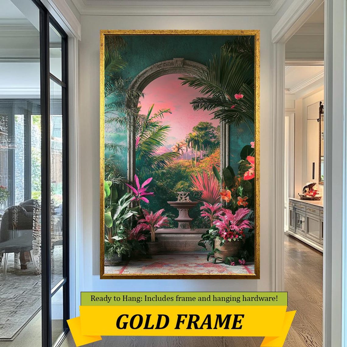 Tropical Garden Archway Sunset Pink Sky Palm Fountain Wall Art - Image 3