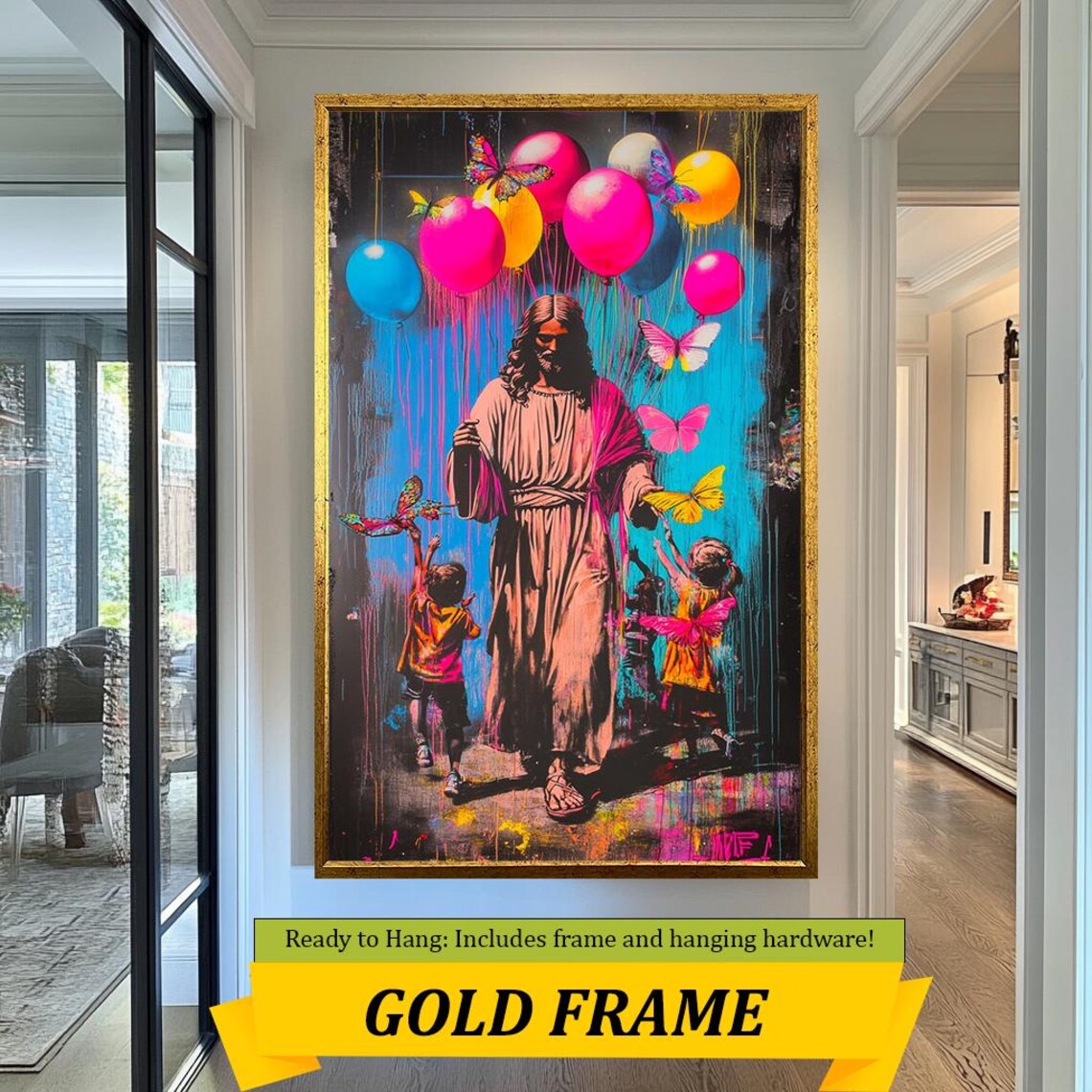 Jesus Walking With Children Colorful Balloons Butterfly Graffiti Art Poster - Image 3