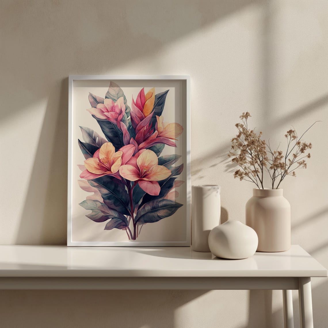 Tropical Pink Hibiscus Watercolor Botanical Dark Leaf Floral Wall Art - Image 3
