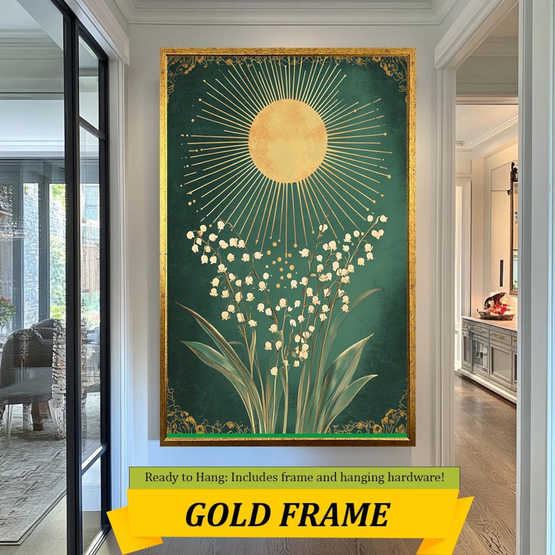 Art Nouveau Lily Of The Valley Golden Sunburst Green Wall Art Poster - Image 3