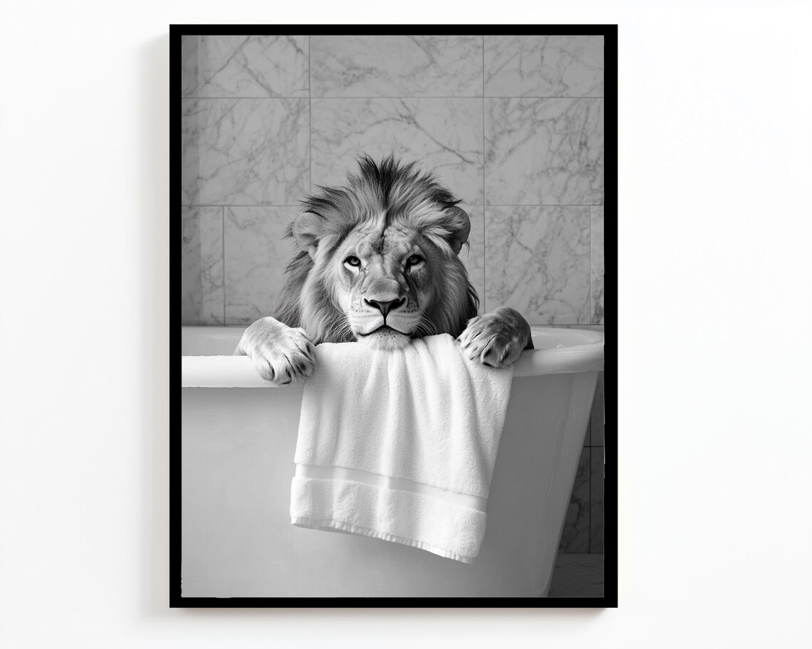Black And White Lion Bath Time Towel Funny Marble Bathroom Wall Art Poster - Image 2