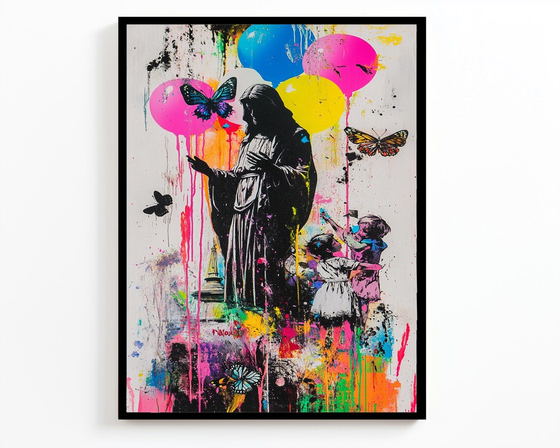 Jesus Silhouette Children Balloons Butterflies Neon Splatter Street Art Poster - Image 2