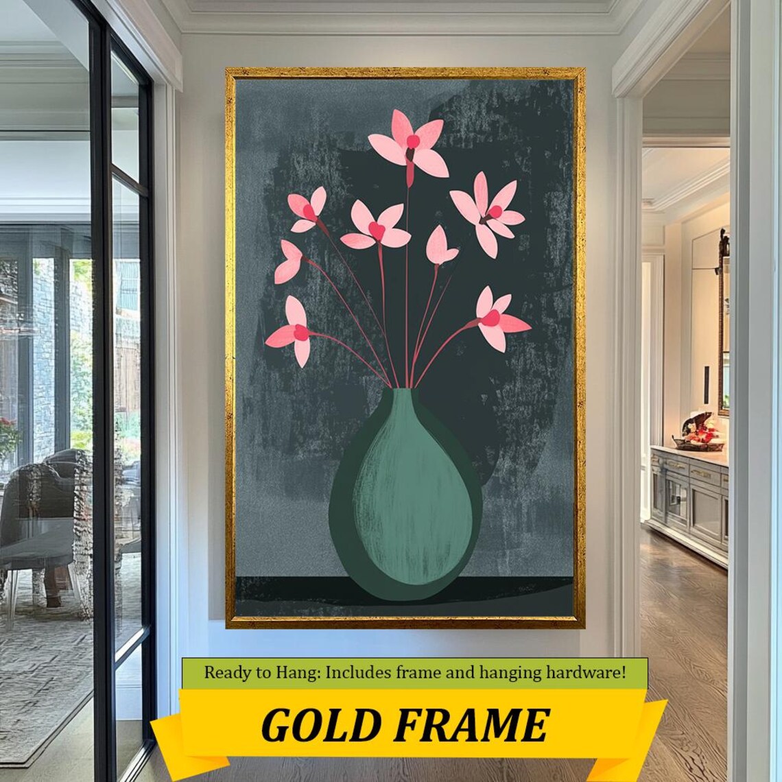 Modern Abstract Floral Vase Painting Pink Blossoms Dark Green Poster - Image 3