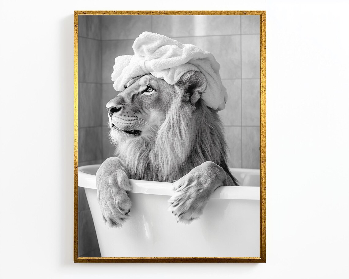 Funny Lion In Bathtub With Towel Black And White Bathroom Wall Art Poster - Image 2