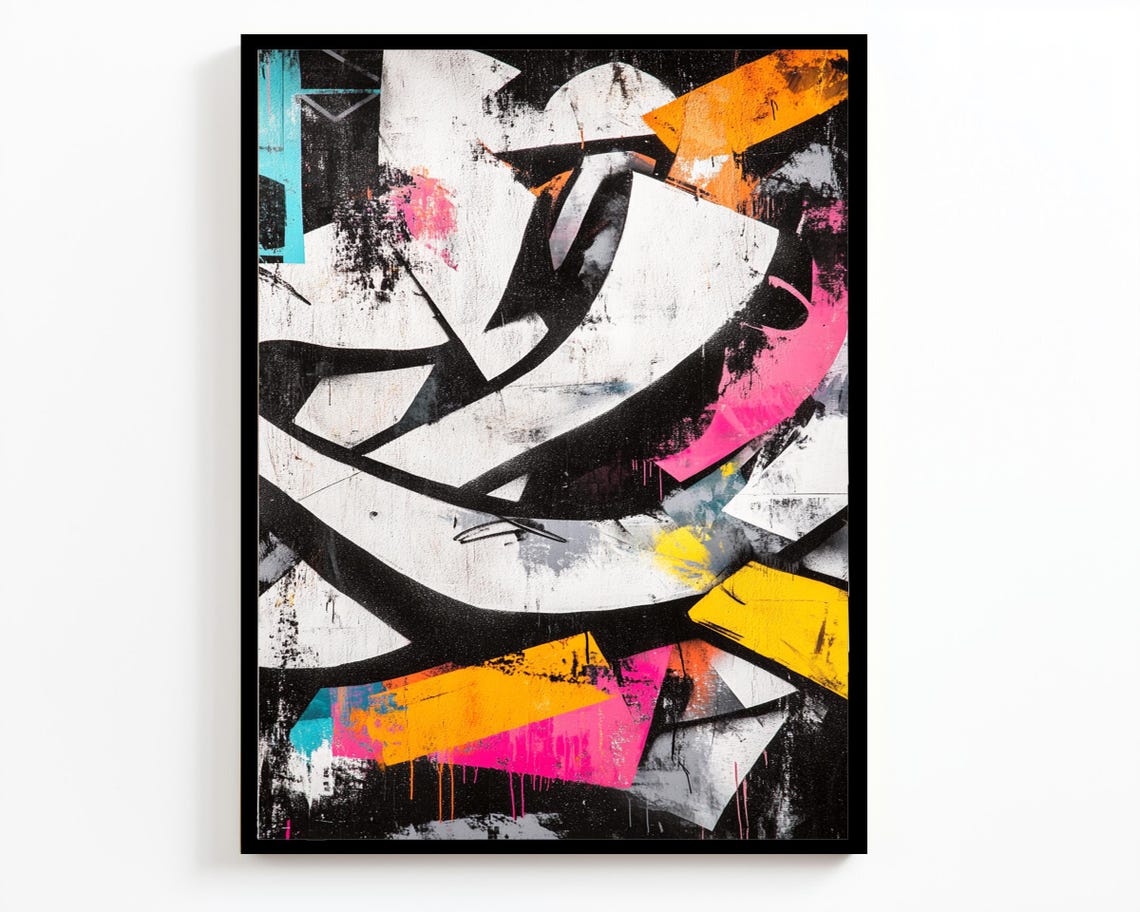 Bold Black White Graffiti Abstract Pink Yellow Turquoise Street Art - Image 2