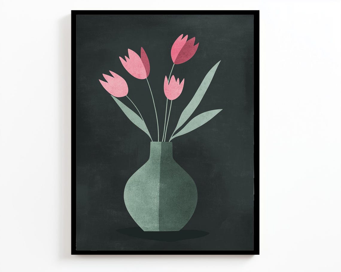 Minimalist Pink Tulips Sage Vase Dark Modern Floral Wall Art Poster - Image 2